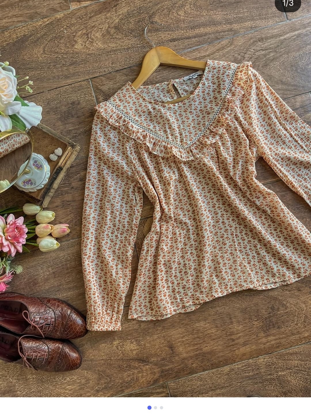 Madewell Peach-Print Ruffled Prairie Yoke Long-Sleeve Blouse Large
